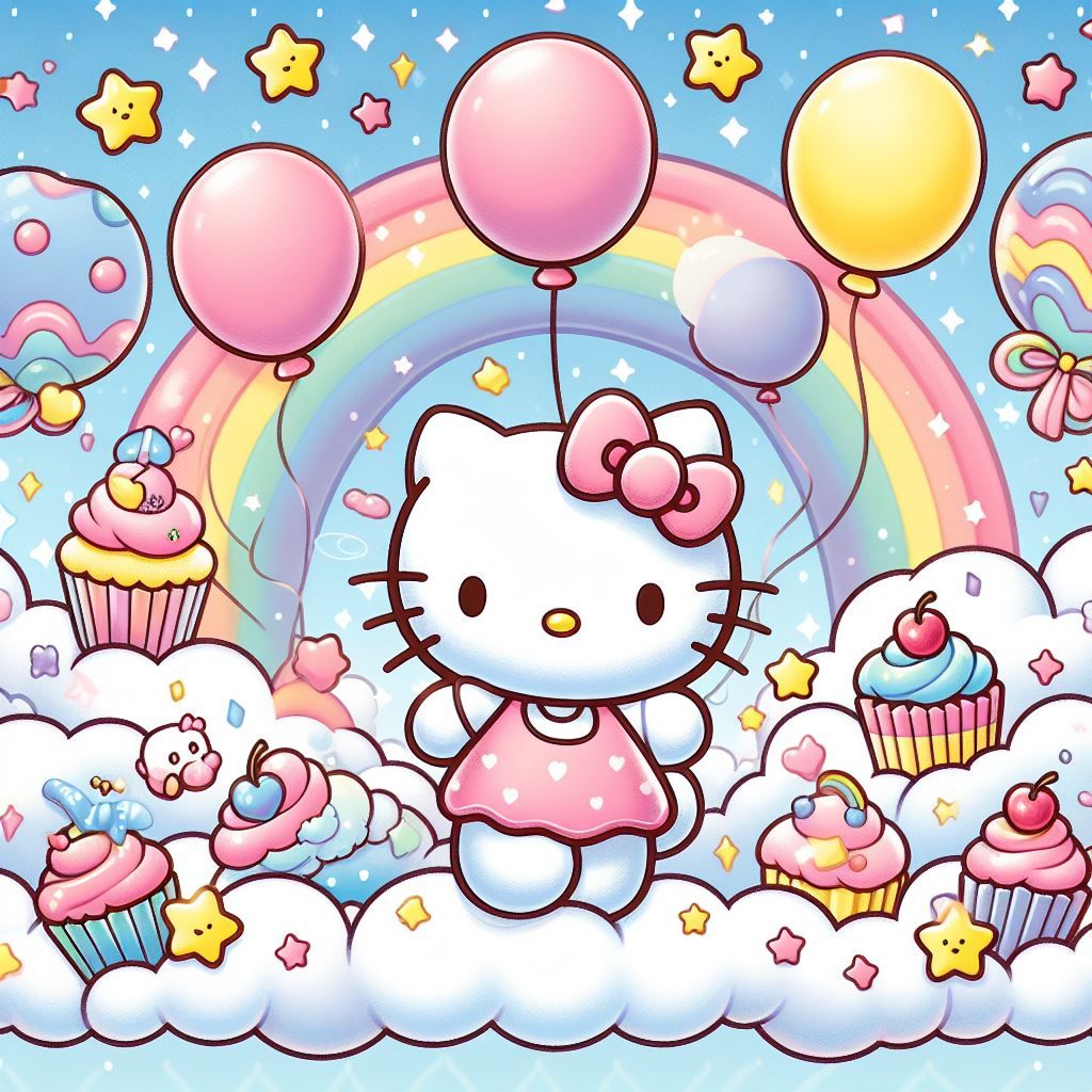 Hello Kitty de vestido cor-de-rosa, em cima das nuvens, com arco-íris, balões e queques